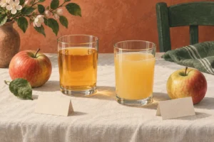 Illustration av två glas äppelmust, ett klarare och ett grumligare, tillsammans med äpplen.